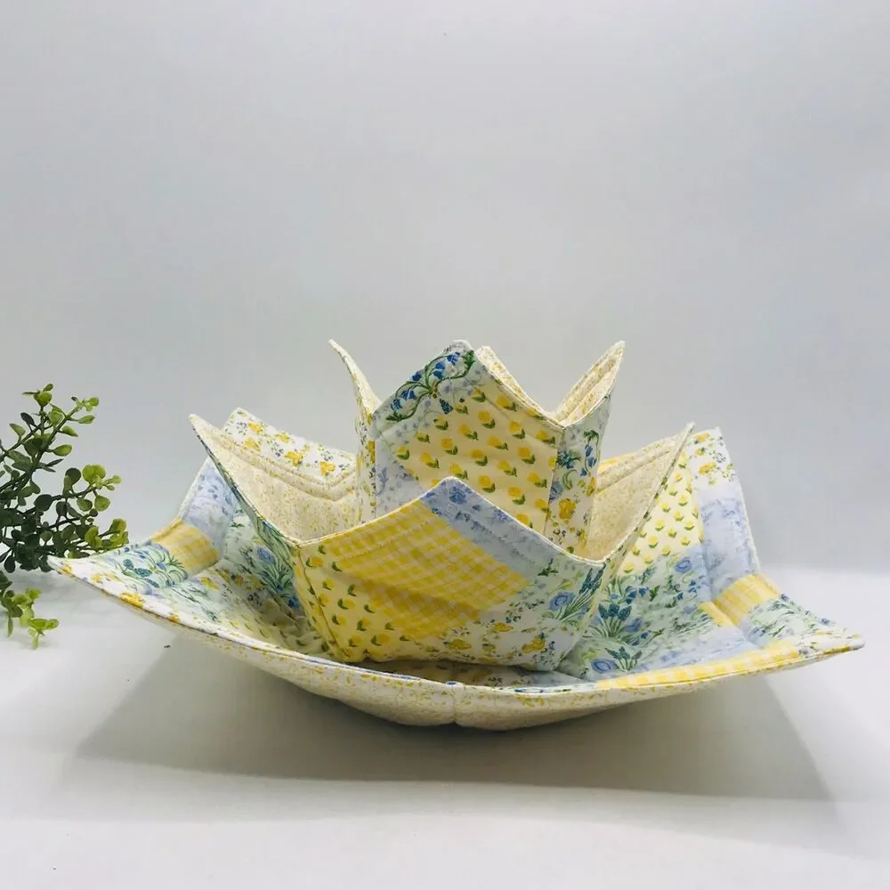 3 Piece Set Microwave Cozies, Reversible Yellow Pathwwork, Plate, Bowl, Pint
